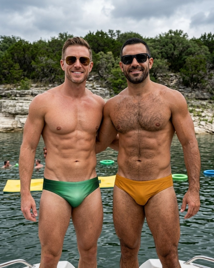 Two men on a boat at the lake wearing Seaman Swim men's swim briefs, one green and one mustard