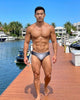 Man walking a marina dock in a gray low-rise men's swim brief