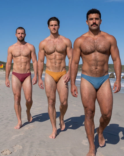 Three men walking on the beach in men's swim briefs in maroon, mustard and light blue