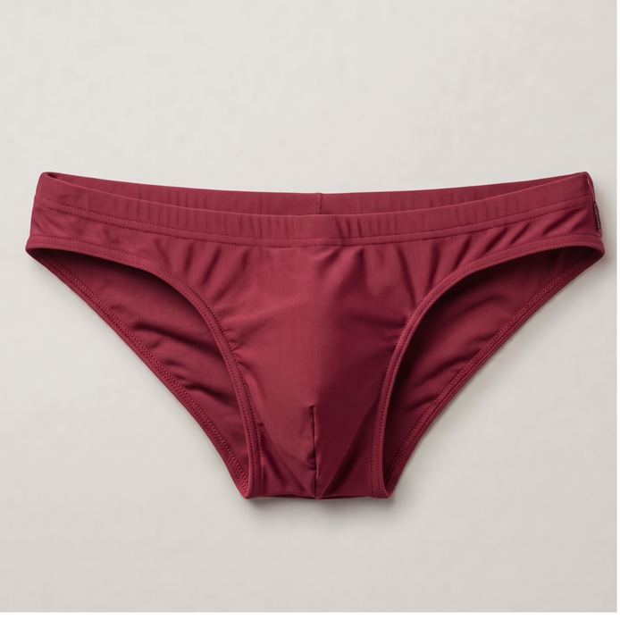 The Essential men's swim brief in Clay — fully lined, contoured fit, flat lay